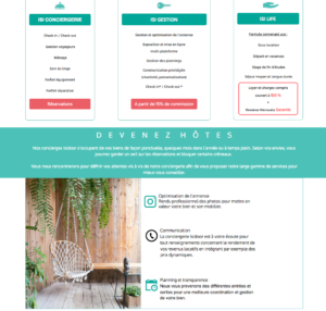 Le site web d'Isidoor reprend les couleurs des contenus d'Airbnb (orange foncé et turquoise), les visuels attractifs et les fonds clairs.