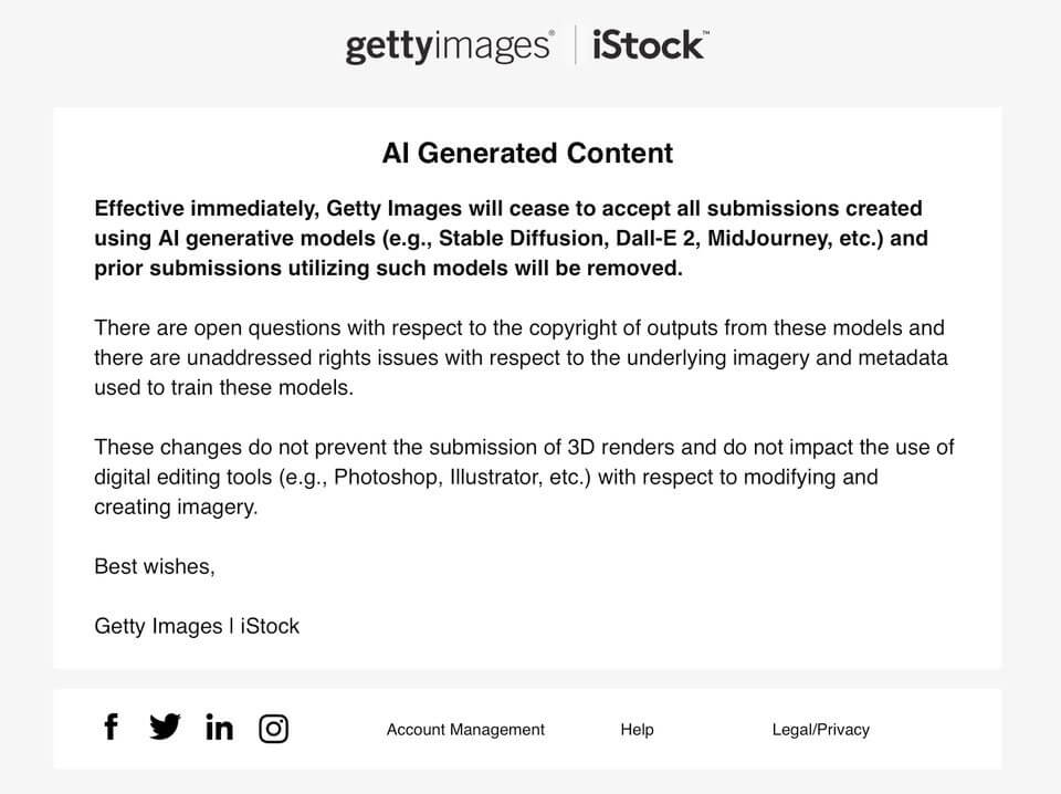 Message d'interdiction d'utilisation IA getty images
